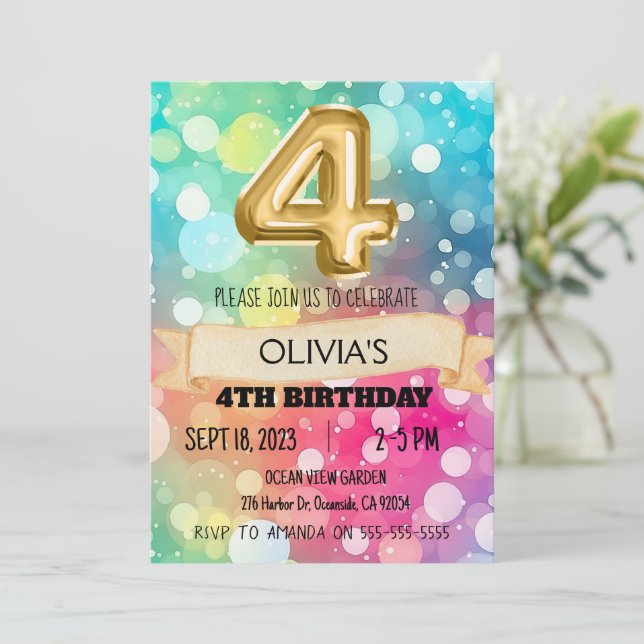 Rainbow 4 Year Old 4th Birthday Party Girls Vier Einladung (Stehend Vorderseite)