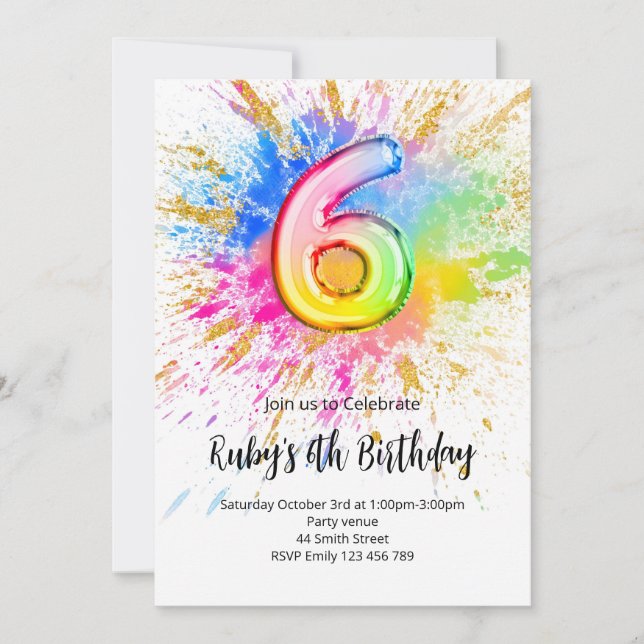 Rainbow 6th Birthday Invitation (Devant)