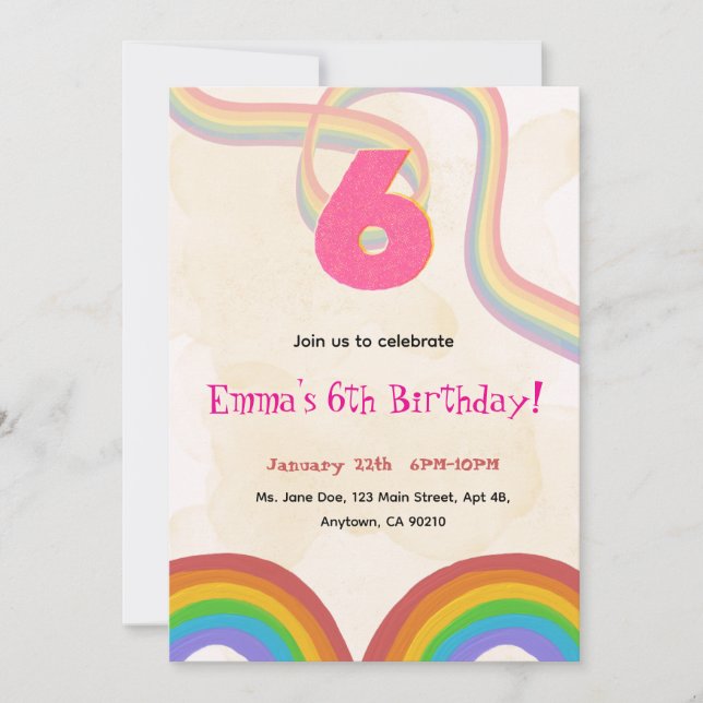 Rainbow 6th Birthday Party, Girl Invitation Einladung (Vorderseite)
