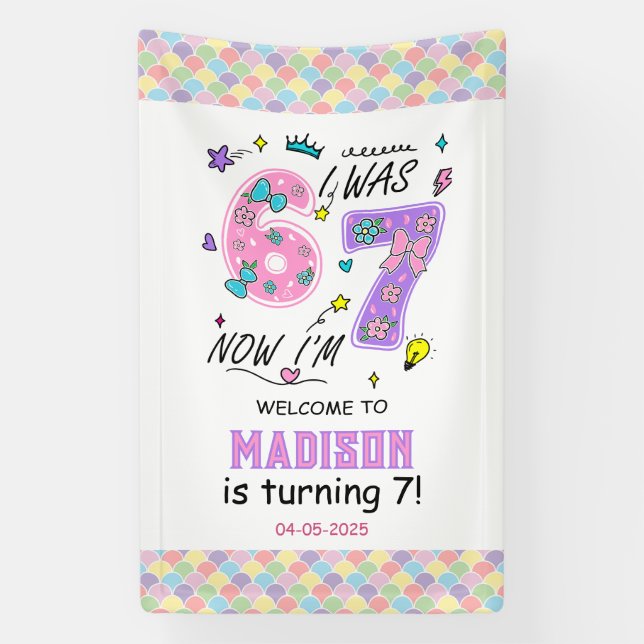 Rainbow 7th Birthday | I Was 6, Now 7 | Kids Party Banner (Vertikal)