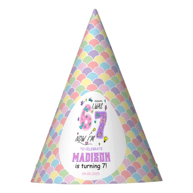Rainbow 7th Birthday | I Was 6, Now 7 | Kids Partyhütchen (Vorderseite)