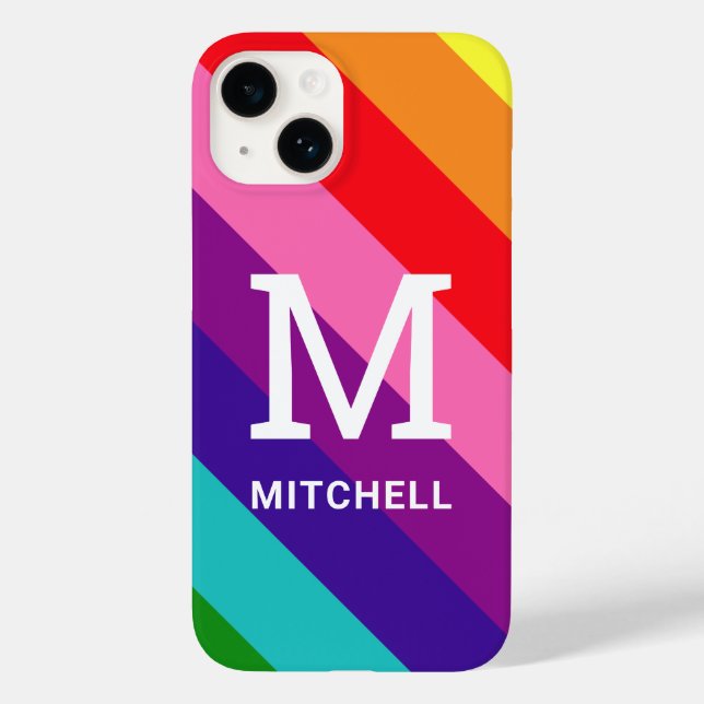Rainbow 8 Stripe Gay Pride Custom Monogram Initial Case-Mate iPhone 14 Hülle (Rückseite)