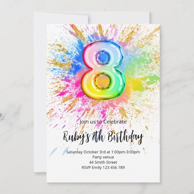 Rainbow 8th Birthday Invitation Einladung (Vorderseite)
