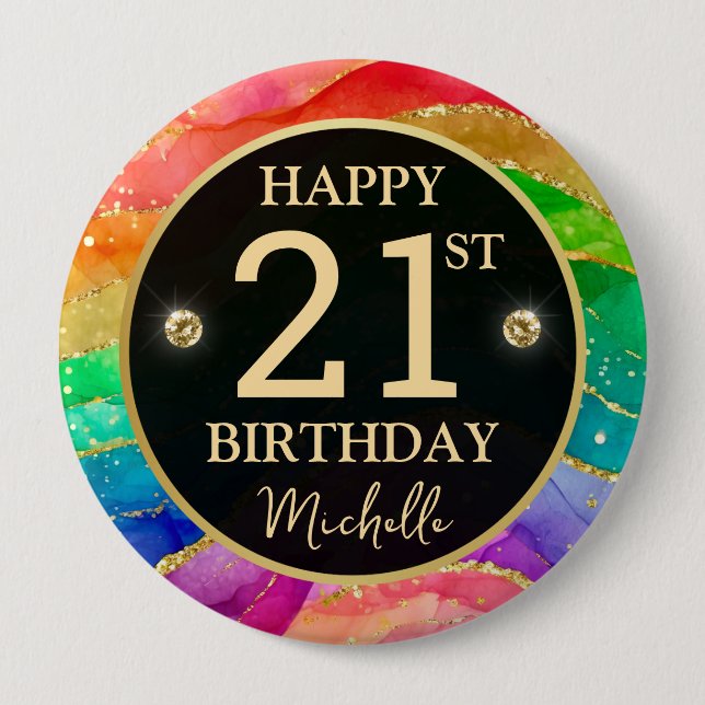 Rainbow Agate Gold Glitter Birthday Badge (Devant)
