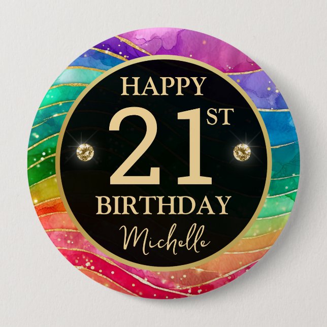 Rainbow Agate Gold Glitter Birthday Badge (Devant)