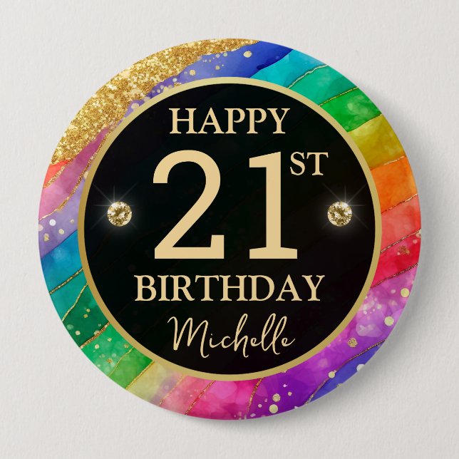 Rainbow Agate Gold Glitter Birthday Badge (Devant)