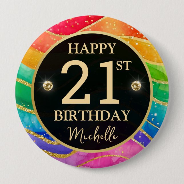Rainbow Agate Gold Glitter Birthday Badge (Devant)