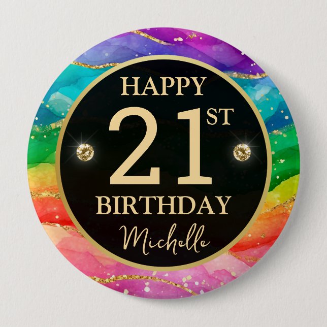 Rainbow Agate Gold Glitter Birthday Badge (Devant)