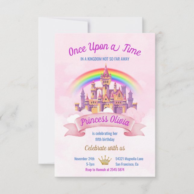 Rainbow and Castle Fairytale Geburtstag Einladung (Vorderseite)