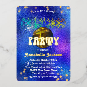 Rainbow and Gold on Funky Blue Disco Party Folieneinladung