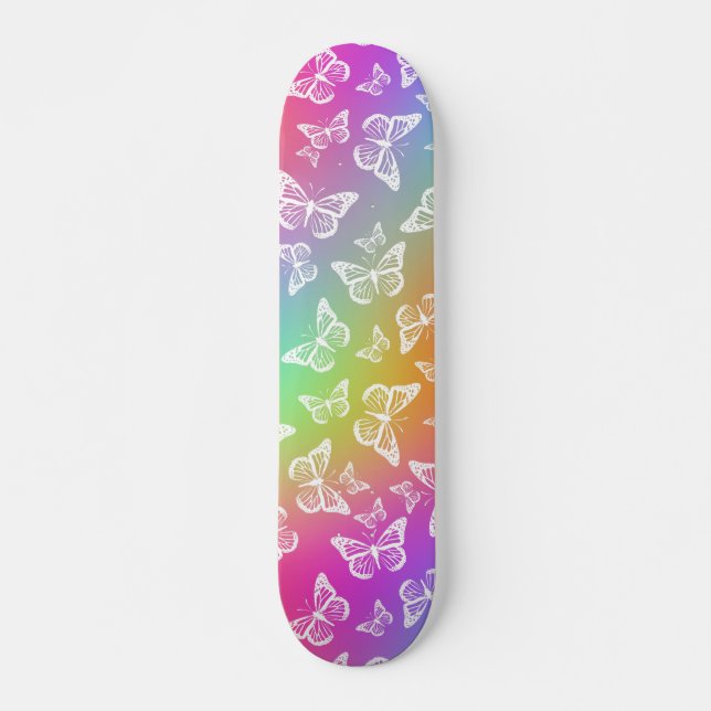 Rainbow and White Butterfly Motif Pattern Skateboard (Vorne)