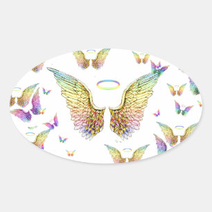 Rainbow Angel Wings and Halos Ovaler Aufkleber