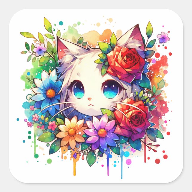 Rainbow Anime Kitten Birthday Quadratischer Aufkleber (Vorderseite)