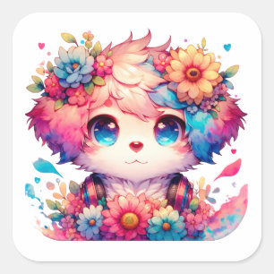 Rainbow Anime Welppy Birthday Cake Quadratischer Aufkleber