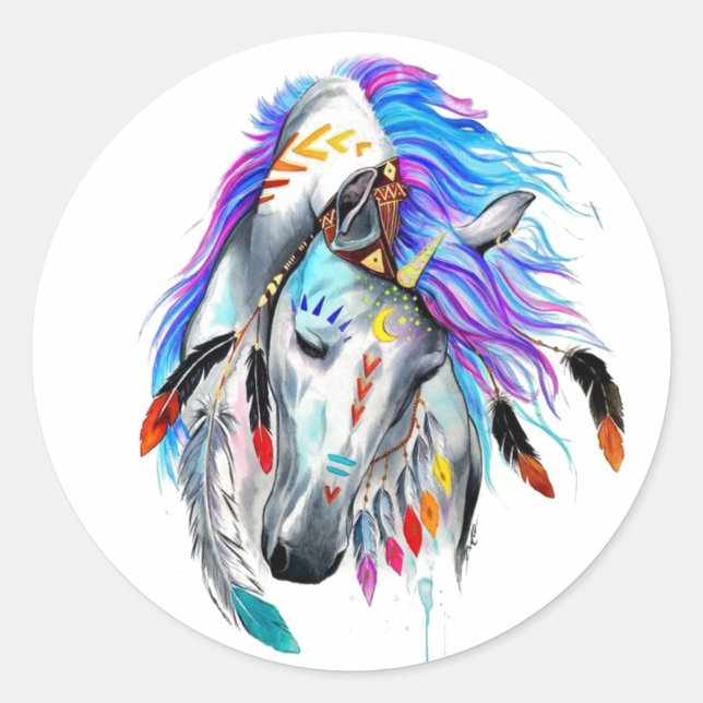 Rainbow-Aquarellpferd Runder Aufkleber (Vorderseite)