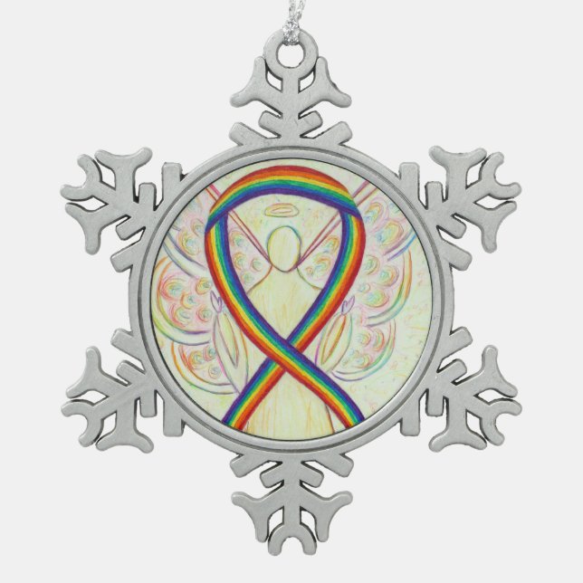 Rainbow Awareness Ribbon Engel Maßgeschneiderte Ei Schneeflocken Zinn-Ornament (Vorderseite)