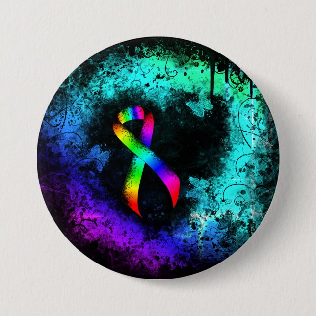 Rainbow Awareness Ribbon Grunge Herz Pinback Hinte Button (Vorderseite)