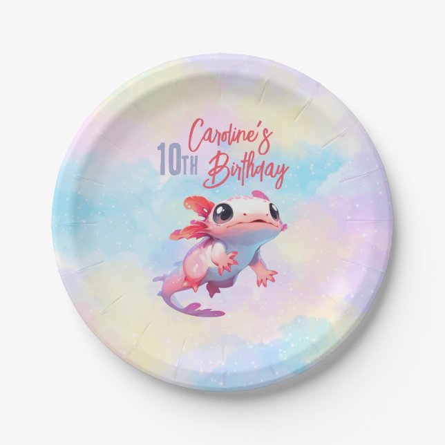 Rainbow axolotmädchen Geburtstag Pappteller (Vorderseite)