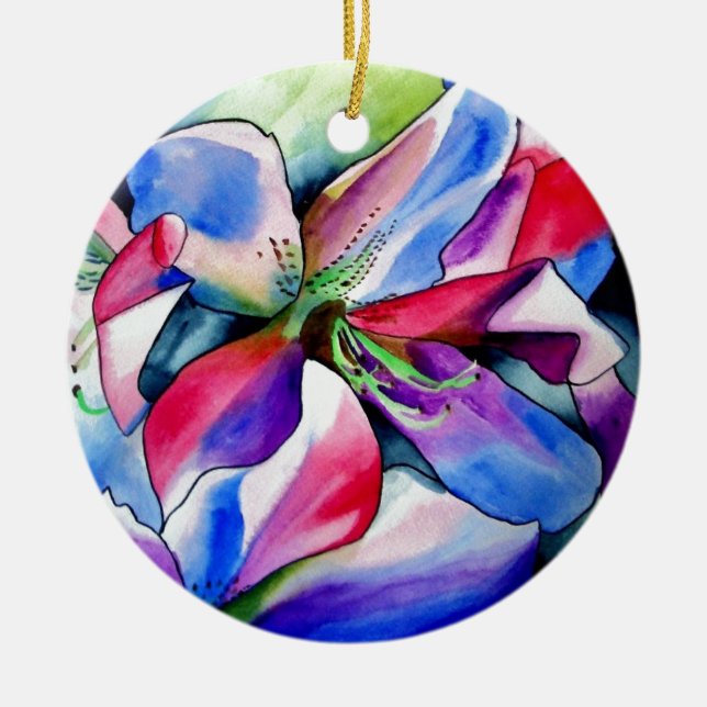 Rainbow Azalea Blume Original Aquarellmalerei Keramik Ornament (Vorne)