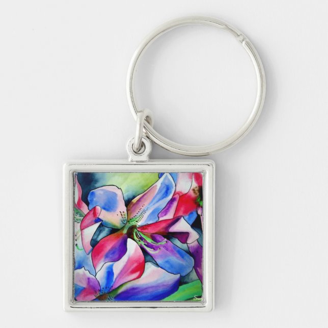 Rainbow Azalea Blume Original Aquarellmalerei Schlüsselanhänger (Vorne)