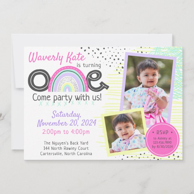 Rainbow Baby 1st Birthday Kawaii Doodles 2-Foto Einladung (Vorderseite)