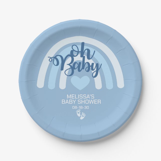 Rainbow Baby Boys Personalisiertes blaues Herz Pappteller (Vorderseite)