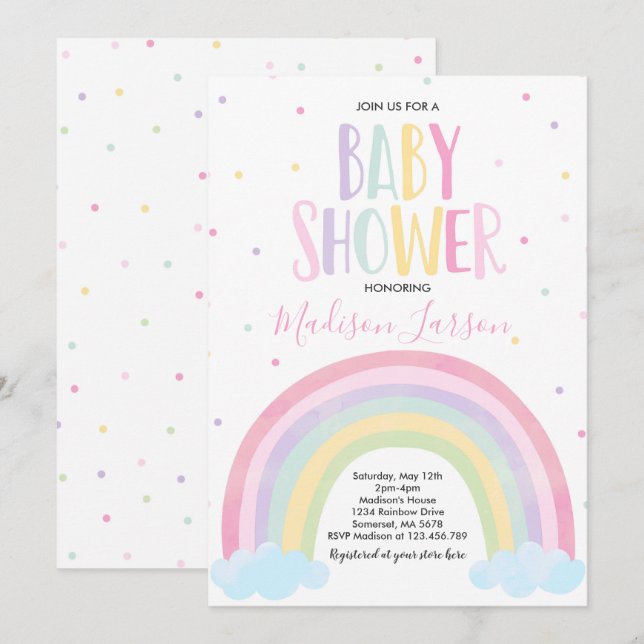 Rainbow Baby Dusche Einladung Pastel Rainbow Baby (Vorne/Hinten)