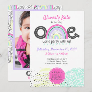 Rainbow Baby Girl 1. Geburtstag Kawaii Doodle Foto Einladung