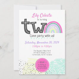 Rainbow Baby Girl 2. Geburtstag Kawaii Doodle Foto Einladung