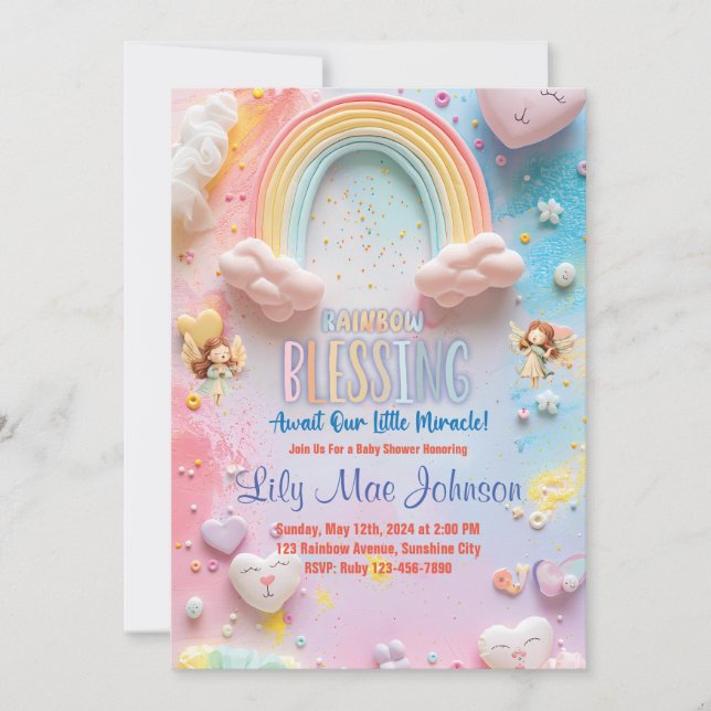 Rainbow Baby Girl Dusche Einladung (Vorderseite)