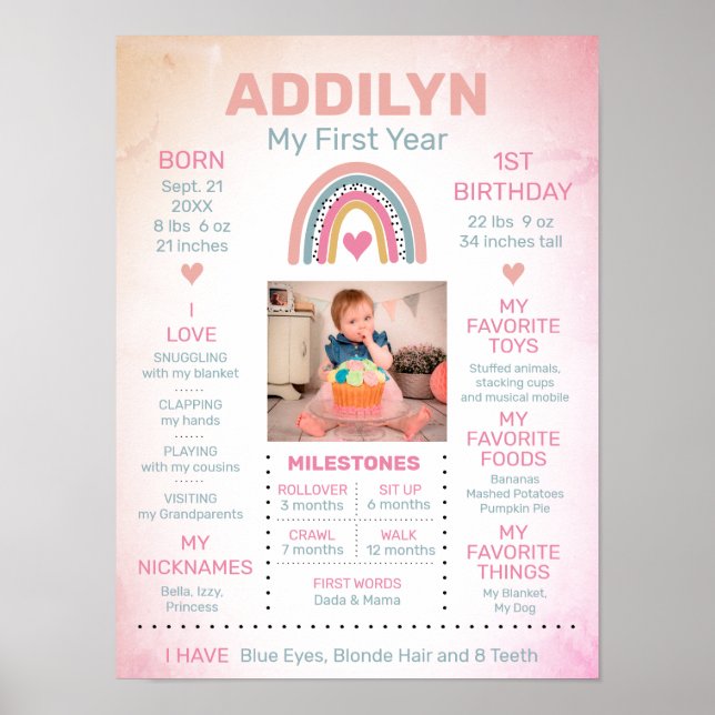 Rainbow Baby Girl's First Birthday Milestone Stats Poster (Vorne)