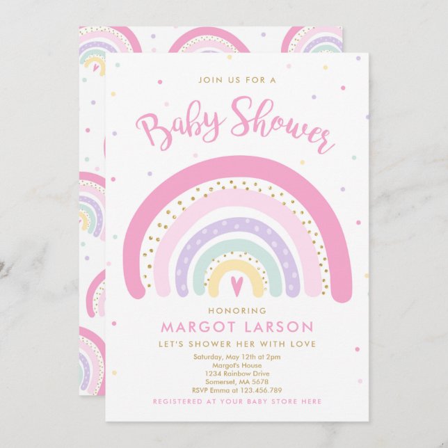 Rainbow Baby shower Invitation Pastel Rainbow (Devant / Derrière)