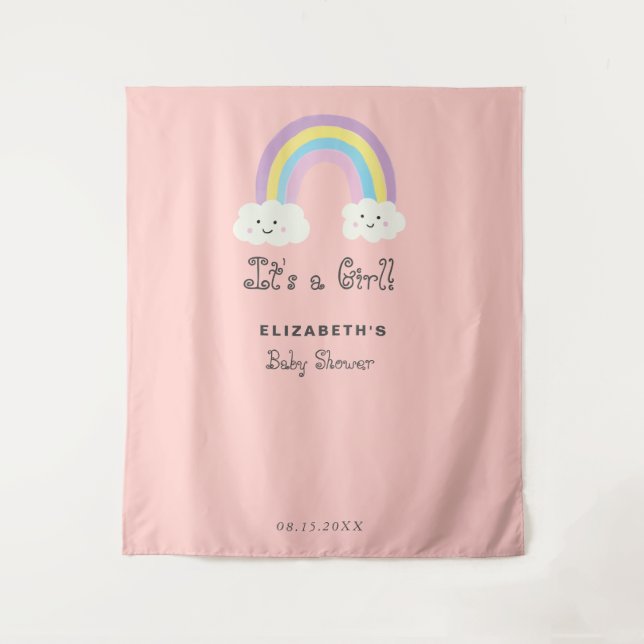 Rainbow Baby Shower Niedlich Es ist ein Girl Pink  Wandteppich (Vorderseite)
