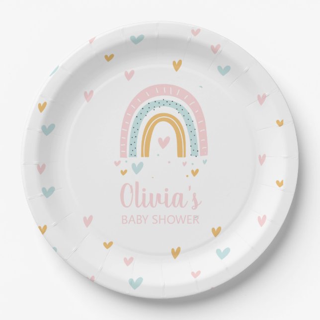 Rainbow Baby Shower Pastellherzen Pappteller (Vorderseite)