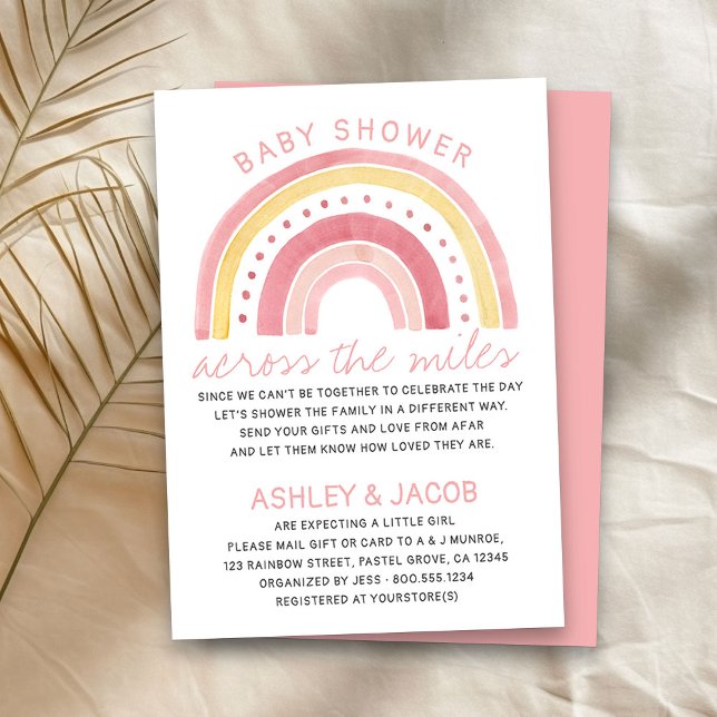 Rainbow Baby Shower über die Miles Girls Pink Einladung (Girl baby shower by mail invitation with cute rainbow)