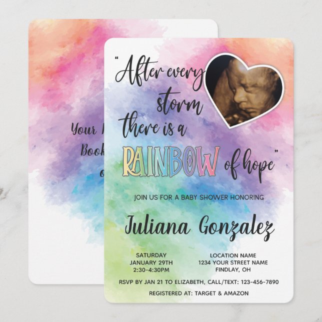 Rainbow Baby Ultraschalldusche Einladung (Vorne/Hinten)