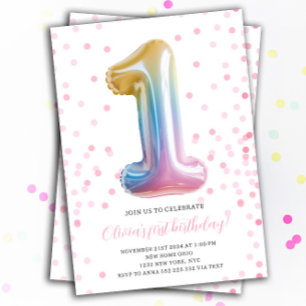 Rainbow Balloon 1st Birthday Girl Party Number Einladung