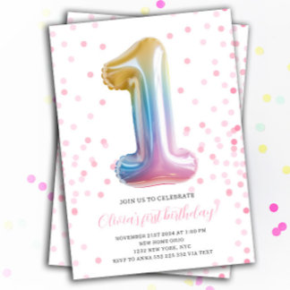 Rainbow Balloon 1st Birthday Girl Party Number Einladung