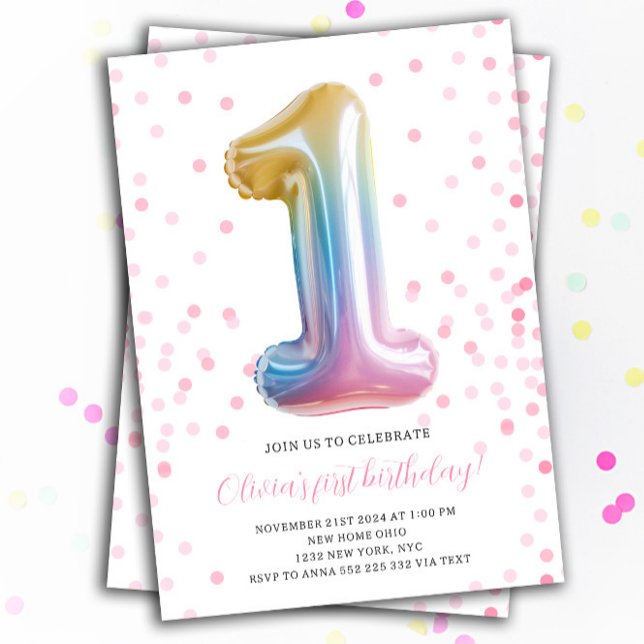 Rainbow Balloon 1st Birthday Girl Party Number Einladung (Rainbow Balloon 1st Birthday Party Invitation)
