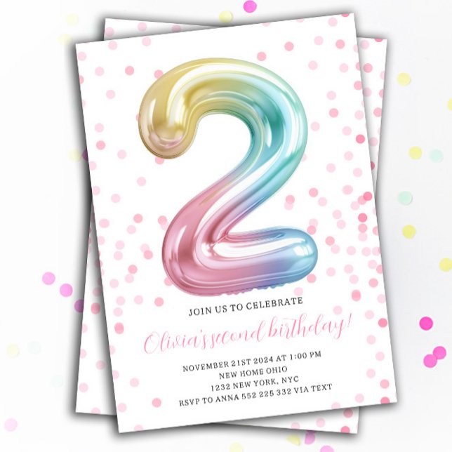 Rainbow Balloon 2nd Birthday Girl Party Number Einladung (2nd Rainbow Balloon Girl Birthday Invitation)