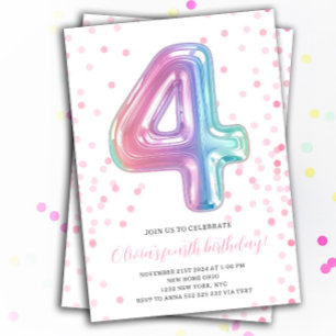 Rainbow Balloon 4th Birthday Girl Party Number Einladung