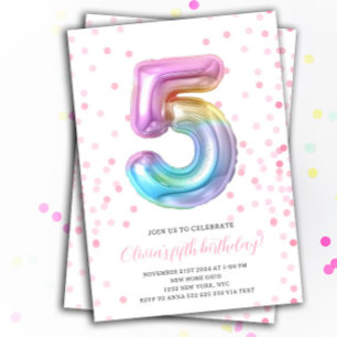Rainbow Balloon 5th Birthday Girl Party Number Einladung
