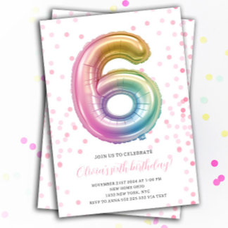 Rainbow Balloon 6th Birthday Girl Party Number Einladung