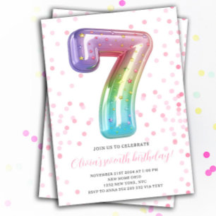 Rainbow Balloon 7th Birthday Girl Party Number Einladung
