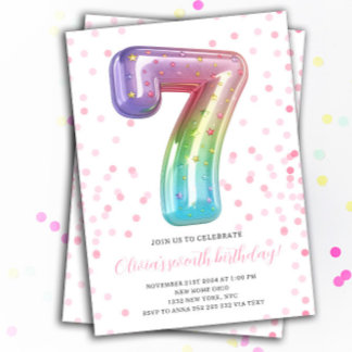 Rainbow Balloon 7th Birthday Girl Party Number Einladung