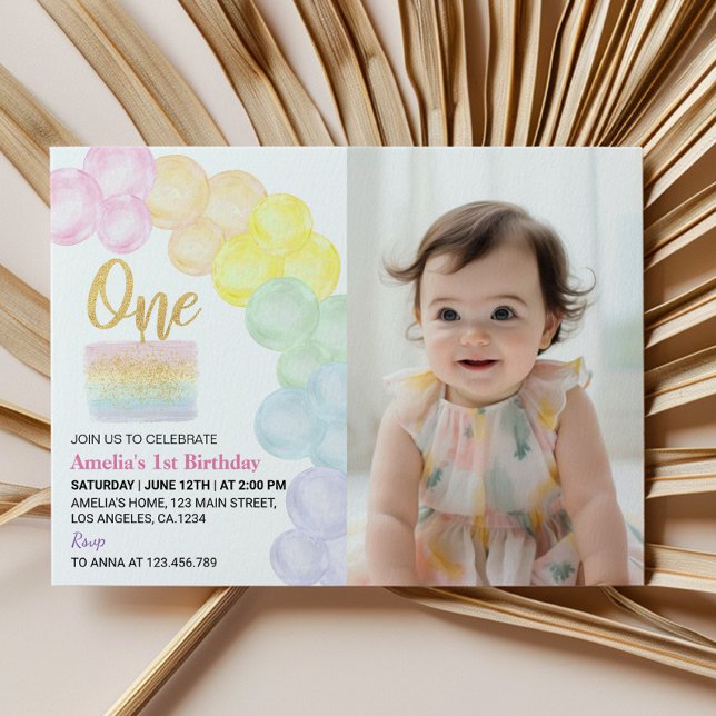Rainbow Balloon First Birthday Photo Invitation (Créateur téléchargé)