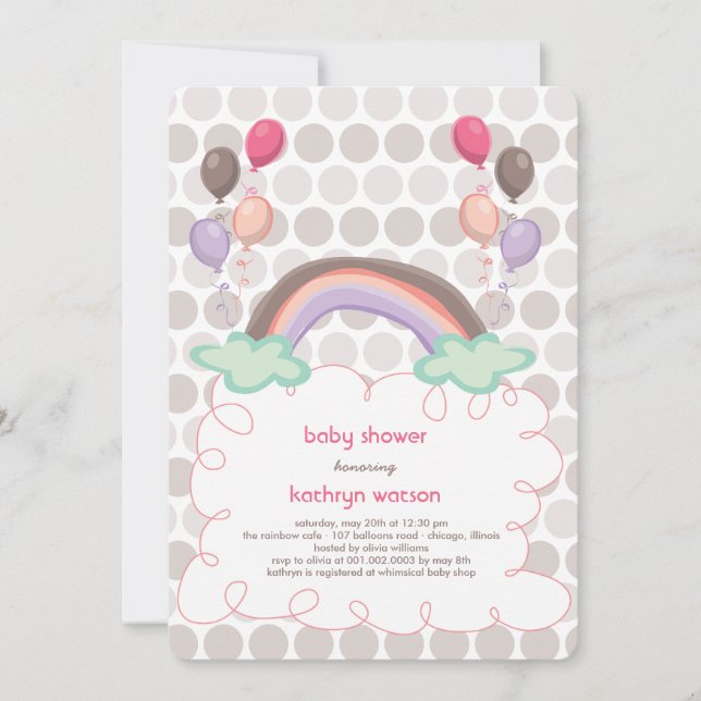 Rainbow & Balloons Baby Girl Shower Einladung (Vorderseite)