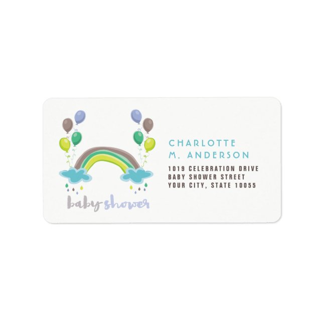 Rainbow & Balloons Boy Baby Dusche Rücksendeadress Adressaufkleber (Vorne)