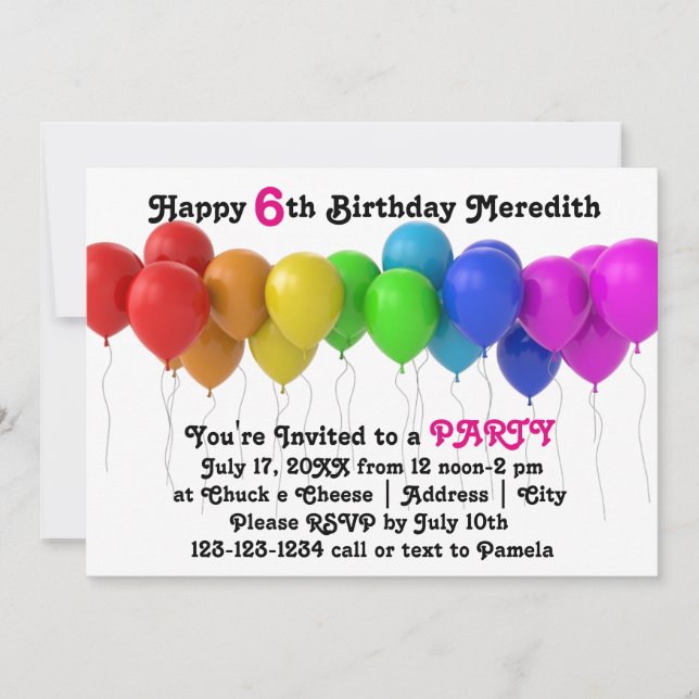 Rainbow Balloons Geburtstag Einladung Pink (Vorderseite)