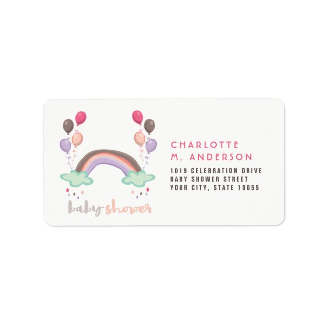 Rainbow & Balloons Girl Baby Dusche Rücksendeadres Adressaufkleber (Vorne)